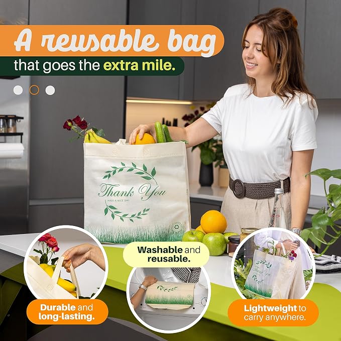 Simply Cool 50 Pack Reusable Thank You Grocery Bags Large Tote Bags Bulk | 14.5"x14"x6.6" Heavy Duty Non-woven Printed Shopping Bags with Handles, Foldable Washable for Groceries and Commercial use
