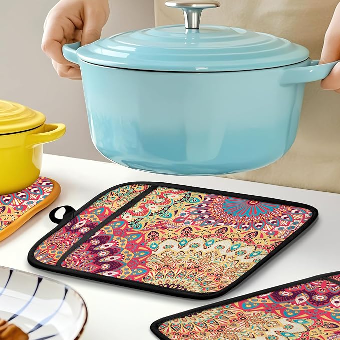 Colorful Abstract Mandala Floral Pot Holders for Kitchen, Boho Vibrant Ethnic Flower Botanical Heat Resistant Hot Pads and Oven Mitts for Baking Cooking