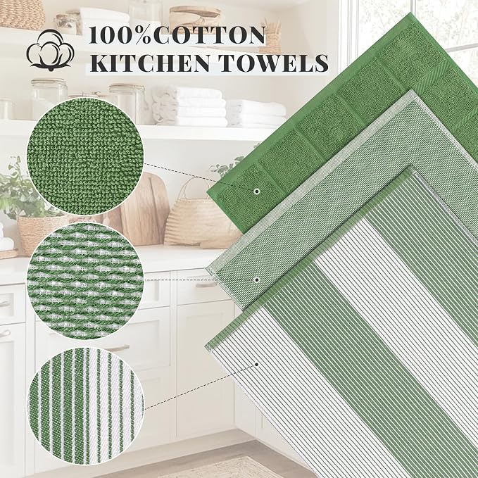 Homaxy 9 Pack Cotton Terry Premium Kitchen Towels, 18 x 28 in, Grass Green | Large 380 GSM Dish Towels, Highly Absorben Flat & Terry Kitchen Hand Towels, Soft Utility Tea Towel Set with Hanging Loop