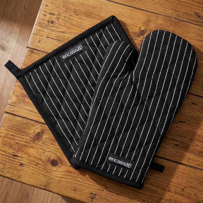 Encasa XO Oven Mitts and Pot Holders Set, Heat Resistant Cotton | Butcher Stripes Black, Diamond Quilted | Non-Slip Grip | Microwave & Oven Safe | Hanging Loop | Machine Washable | Set of 2