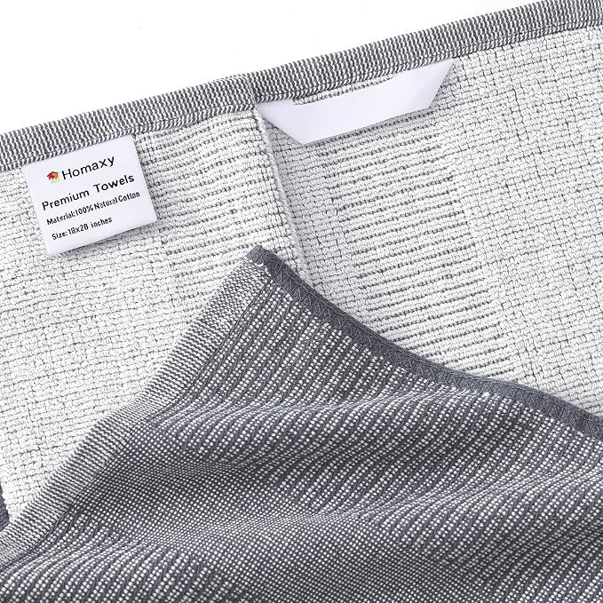Homaxy 380 GSM Cotton Premium Kitchen Towels 6 Pack, 18"x 28", Grey | Flat and Terry Dish Towels, Highly Absorbent Tea Towel Set with Hanging Loop, Soft Utility Kitchen Hand Towels