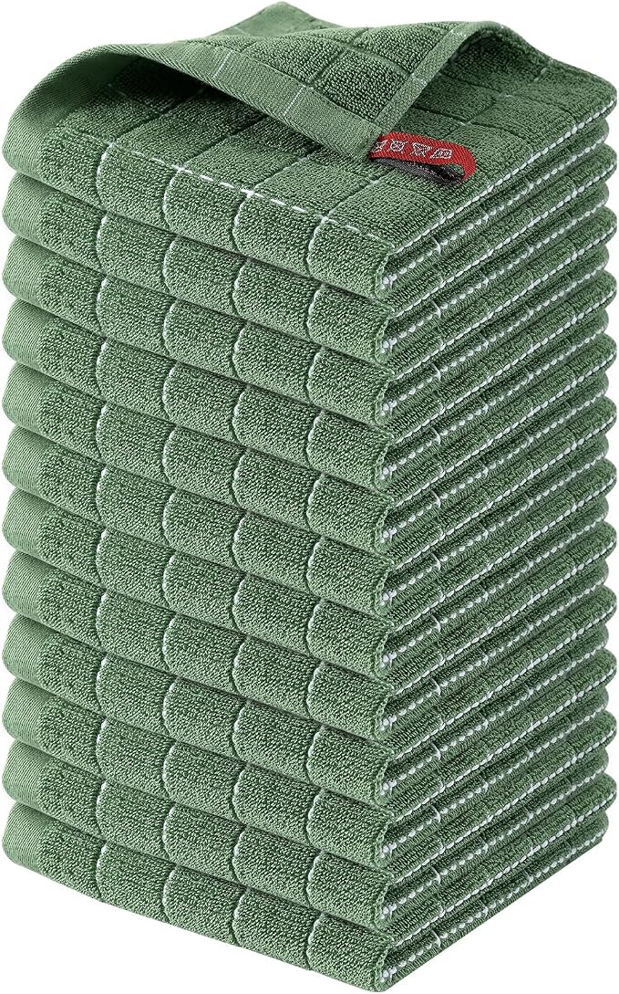 Homaxy 100% Cotton Terry Kitchen Dish Cloths, 12 Pack, Grass Green | Ultra Soft and Absorbent, Suitable for Drying and Washing Dishes