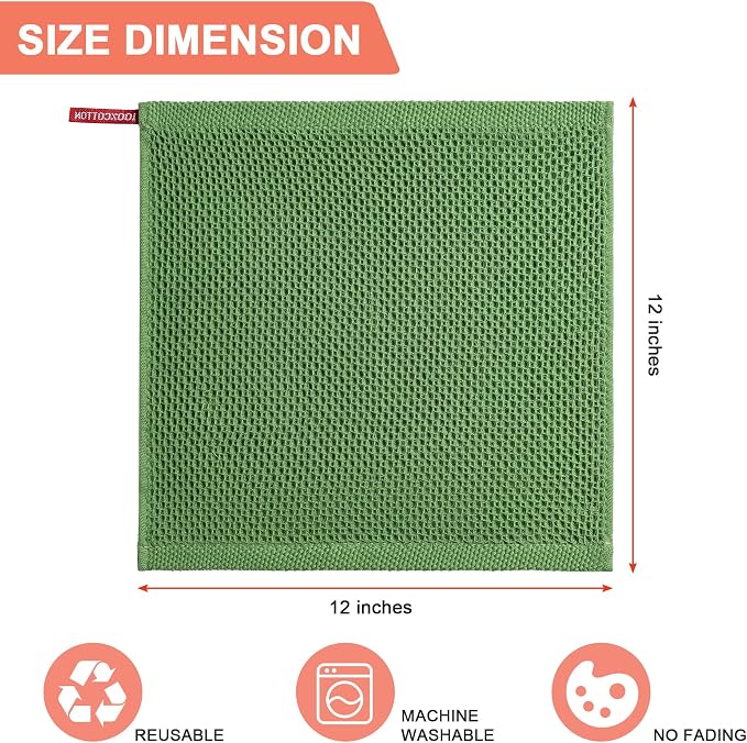 Kitchen Towels 8-Pack Kitchen Dish Cloths,100% Cotton,12x12 In,Grass Green | Towels Waffle Weave,Ultra Soft Absorbent, Quick Drying