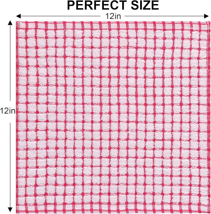 Kitinjoy Cotton 12 Pack Terry Kitchen Dish Cloths, Red | 12 x 12 Inches Super Soft and Absorbent Dish Rags, Quick Drying Dish towels for Washing Dishes