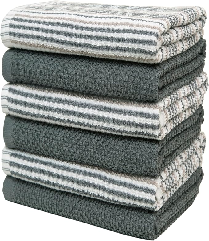 Bumble Kitchen Towels 6 Pack 100% Cotton 16"x26" - Grey Wide Stripe | 430 GSM Soft Kitchen Hand Towels with Hanging Loop, Highly Absorbent & Durable for Washing and Drying Dishes
