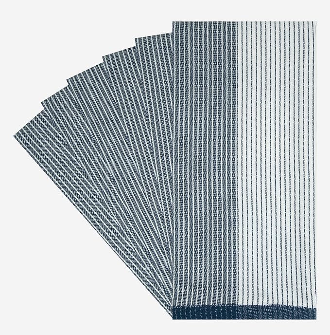 Premium Kitchen Towels 6 Pack 100% Cotton, 20"x28" - Blue | 238GSM Yarn Dyed Flat Woven Stripe Dish Towel for kitchen | Kitchen hand towels with Hanging Loop | Absorbent Linen set