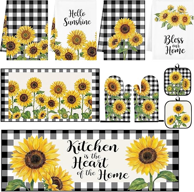 10 Pcs Kitchen Decor and Accessories Set, SunflowerRustic Botanical | Floral 4 Dish Towels Kitchen Rugs 2 Oven Mitts 2 Pot Holders, Home Decor for Cooking Baking BBQ Gifts Women Mom Housewarming