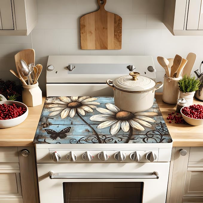 Daisy Stove Cover 28.3 x 20.5 Inches, Farmhouse Stove Top Protector, Heat Resistant Non Slip Glass Electric Stove Cover Board, Rustic Floral Kitchen Decor Mat (White sunflower)