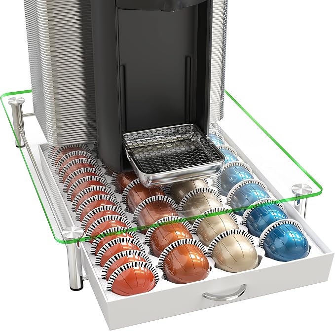 Deco Brothers Tempered Glass Vertuo Pod Holder, Fits 28 Large/56 Small Pods | Compatible with Nespresso Capsule, White