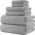 POLYTE 430 GSM Poly Blend Microfiber Quick Dry Waffle Bath Towel Set of 6 | 2-Body Towels, 2-Hand Towels, 2-Wash cloths, Oversize, Lint Free