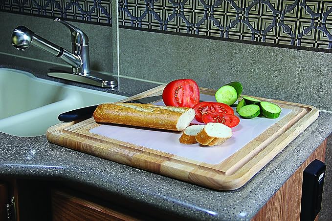 Camco - Hardwood Cutting Board and Stove Topper with Non-Skid Backing, Includes Flexible Cutting Mat (43753) | Includes flexible cutting mat to protect wood finish, will not dull knives, eliminates rattles, 17 x 19-1/2 x 3/4 in