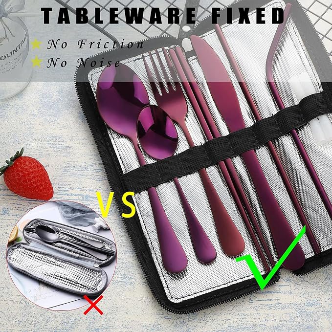 VANDBAO Portable Travel Utensils, Reusable Silverware with Case for Fixing Tableware, 9 Pieces Stainless Steel Stable Flatware Set, Camping Picnic Cutlery Set (Purple Set)