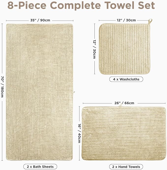 8 Piece Bath Towels Set, 2 Oversized 35 * 70 in Bath, 2 Hand, 4 Wash | Luxury Soft Microfiber, Super Absorbent Thick, Quick Dry, Shower Towels for Bathroom, Spa & Hotel, Beige