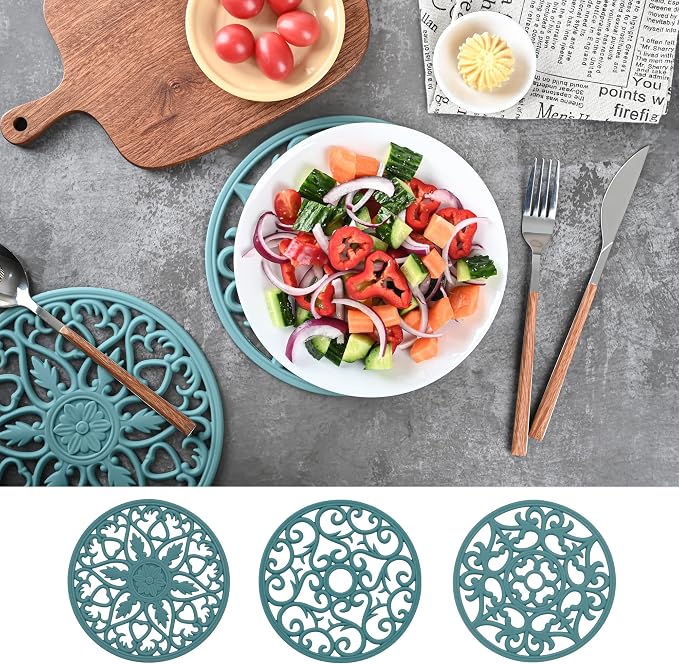 Silicone Trivets Mats for Hot Pots and Pans, Multi Purpose Trivets Mat -Heat Resistant Silicone Trivet Intricately Carved Hot Pads Set of 6 (D: Style 1-Teal)