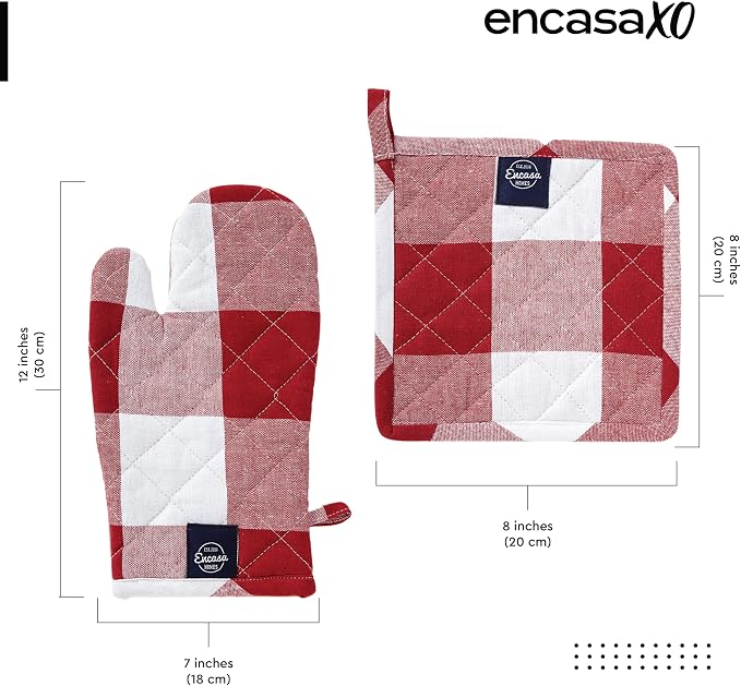 Encasa XO Oven Mitts and Pot Holders Set, Heat Resistant Cotton | Buffalo Red Checks, Diamond Quilted | Non-Slip Grip | Microwave & Oven Safe | Hanging Loop | Machine Washable | Set of 2