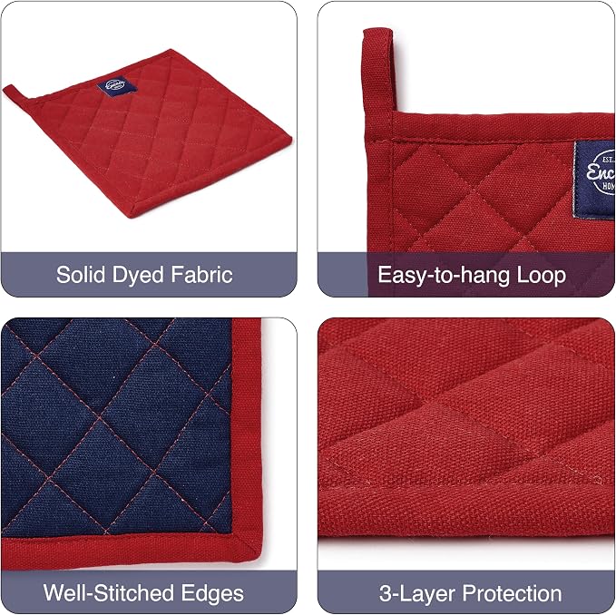 Encasa XO Pot Holders, Quilted Kitchen Hot Pads 8"x8" Red | 100% Heavyweight Cotton | Quilted Insulation | Multipurpose Trivets & Hot Pads | Hanging Loop | Set of 2