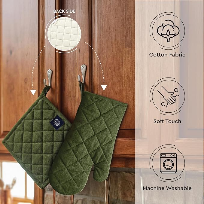 Encasa XO Oven Mitts and Pot Holders Set, Heat Resistant Cotton | Leaf Green, Diamond Quilted | Non-Slip Grip | Microwave & Oven Safe | Hanging Loop | Machine Washable | Set of 2