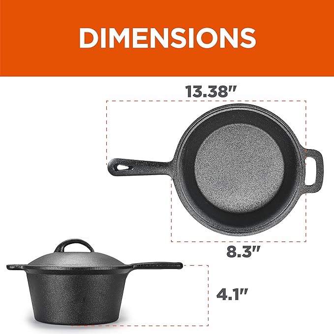 Commercial Chef 2-Qt. Saucepan with Lid, Pre-Seasoned Cast Iron, CHCI20 | Integrated Handles, Works on All Cooktops Including Induction, Outdoor Skillet for Campfires or Grills
