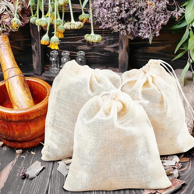 TUZAZO 24 Pcs Muslin Bags with Drawstring 6 x 8 inch, Reusable Spice Bags for Cooking Soup, Natural Cotton Unbleached Cheesecloth Bag for Straining, Bone Broth Brew Herb Sachet Bag Empty