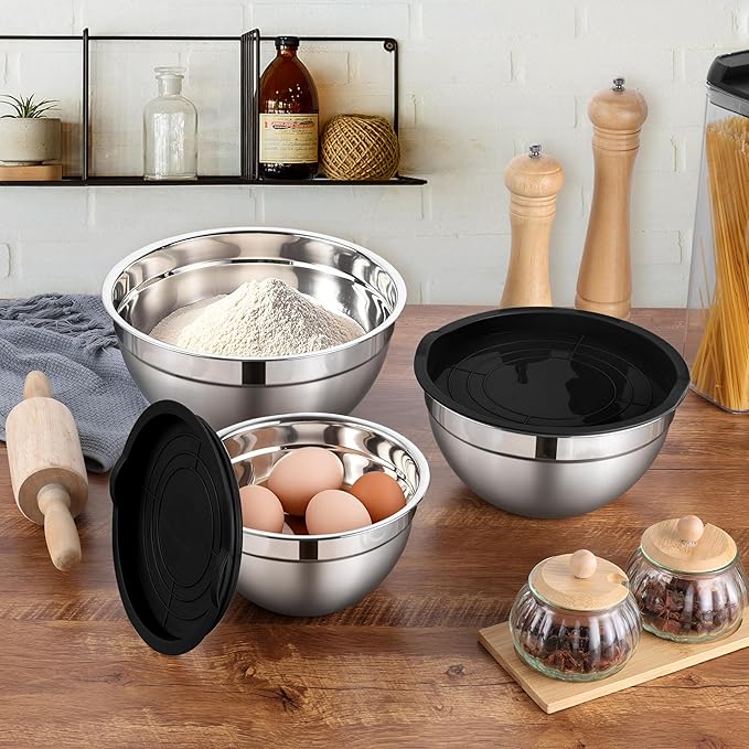 LIANYU Mixing Bowls with Lids Set of 3, Stainless Steel Nesting Metal Bowls | Large & Small Bowl for Kitchen Storage, Dishwasher Safe & Easy Cleaning, Size 1.5QT & 3QT & 4.6QT, Black