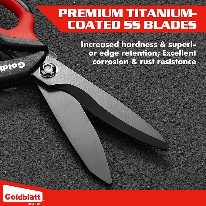Goldblatt 10-Inch Heavy Duty Scissors, Multipurpose Shop Scissors | Curved Titanium Blades and Serrated Edge for Easy Cutting of Aluminum Sheets, Pruning, Rope and Leather