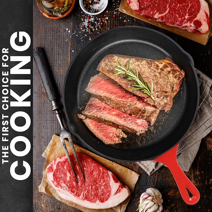 Utopia Kitchen Cast Iron Skillet Set 3 Piece 6 8 10 Inch PFAS-Free Red | Chef Pan, Even Heat Distribution, Stovetop, Campfire and Grill Safe, Large Skillet Set, Indoor Outdoor Use