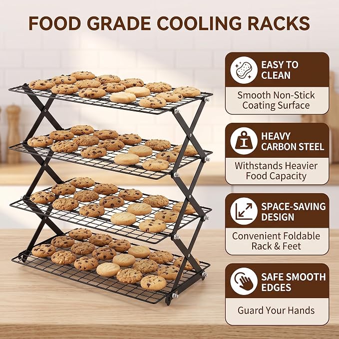 LIANYU 4-Tier Cooling Rack for Baking & Cooking, Collapsible & Space-Saving | Baking Wire Rack for Cooking, Nonstick 4 Adjustable Tiers, 3 Setting Design, Heavy Duty & Non-Toxic, Ideal for Cakes, Cookies