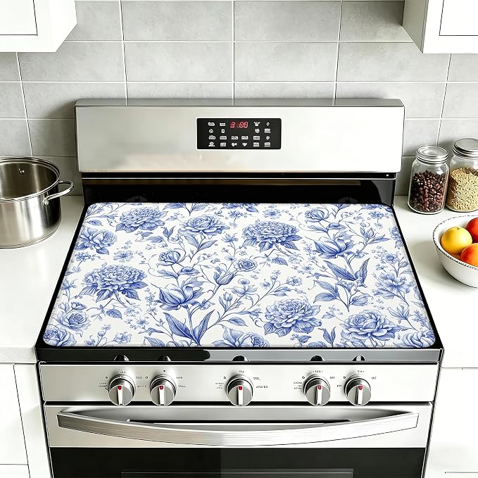 Blue Floral Glass Top Stove Cover Protector,Retro Spring Flowers Heat Resistant Stove Top Cover, Large Size Range Covers for Electric Stove Countertop Mat, 28 x 20 Inch