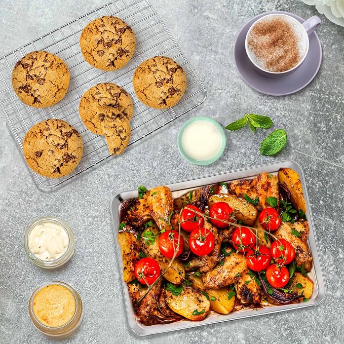 P&P CHEF 10.4 Inch Toaster Oven Pan Tray with Wire Rack, 4 PCS | Baking Sheet Pan + Cooling Rack for Cooking/Roasting, Dishwasher Safe & Rust Free, Non-toxic & Sturdy
