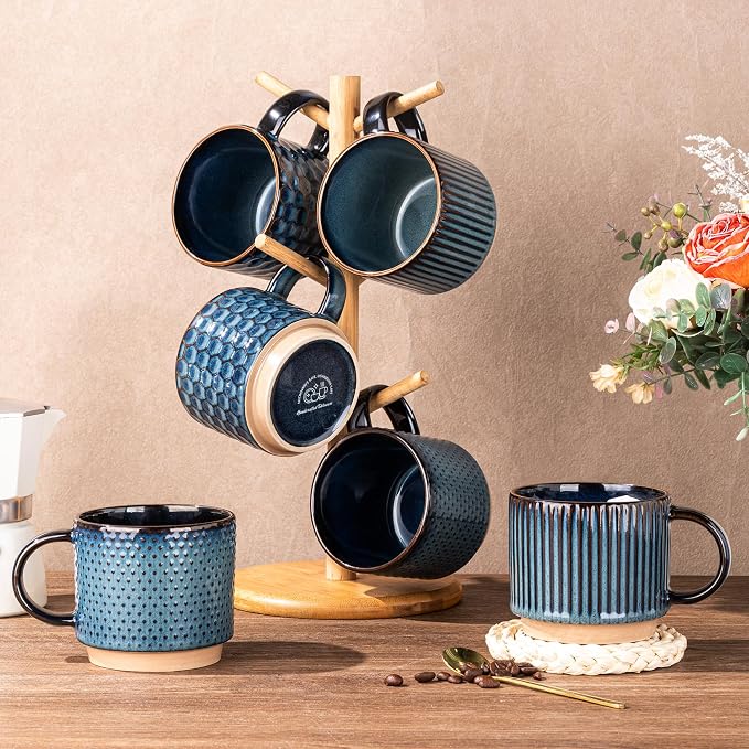GBhome 12 OZ Stackable Coffee Mugs Set of 6, Ceramic Coffee Cups Set | 3 Assorted Designs, Embossed Mugs with Texture Patterns for Tea/Coffee, Dishwasher&Microwave Safe, Deep Sea