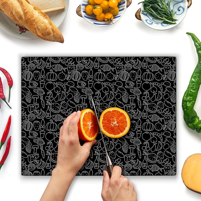 Glass Cutting Board 16"x12": Tempered Glass Kitchen Counter Protector - Durable- Scratch-Resistant, Heat-Proof - Design 4 - Black Design