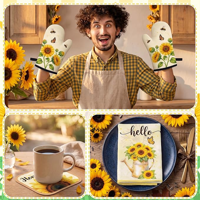 Tieshankao 10Pcs Sunflower Kitchen Decor Accessories Set | Yellow Sunflower Floral Theme, Kitchen Towels, Oven Mitts, Pot Holders, Rugs and Mats, Baking Supplies, Housewarming Gifts