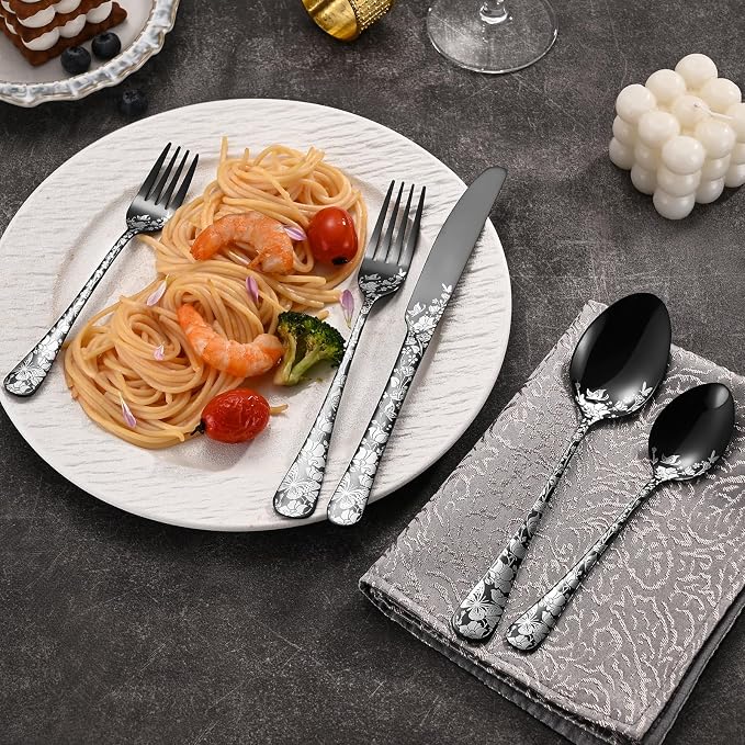 40 Piece Black Silverware Set, Stainless Steel Flatware Cutlery Set Service for 8, Mirror Polished Tableware Eating Utensils Set for Home Kitchen, Include Knife Fork Spoon Set, Dishwasher Safe