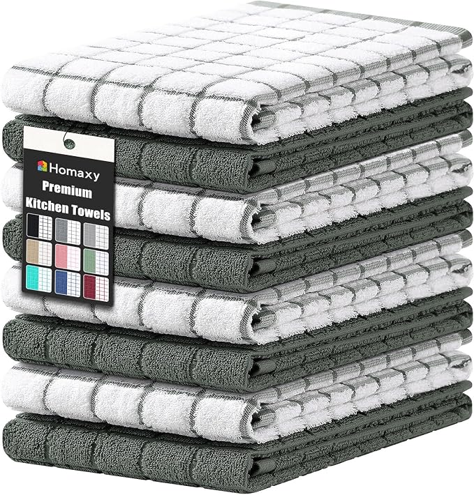 Homaxy Large Premium Cotton Kitchen Towels 16"x 28", 8 Pack, Dark Green | Natural Ring Spun 390 GSM Dish Towels, Super Absorbent Terry Kitchen Hand Towels, Soft Tea Towels with Hanging Loop