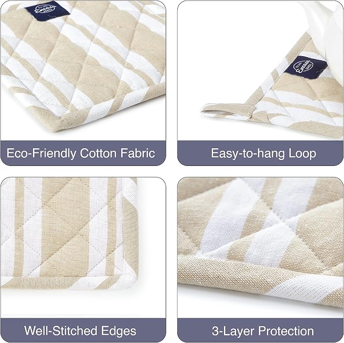 Encasa XO Pot Holders, Quilted Kitchen Hot Pads 8"x8" Franca Beige Stripes | 100% Eco-Friendly Cotton | Thick Cotton Padding Insulation | Convenient Hanging Loop | Set of 2