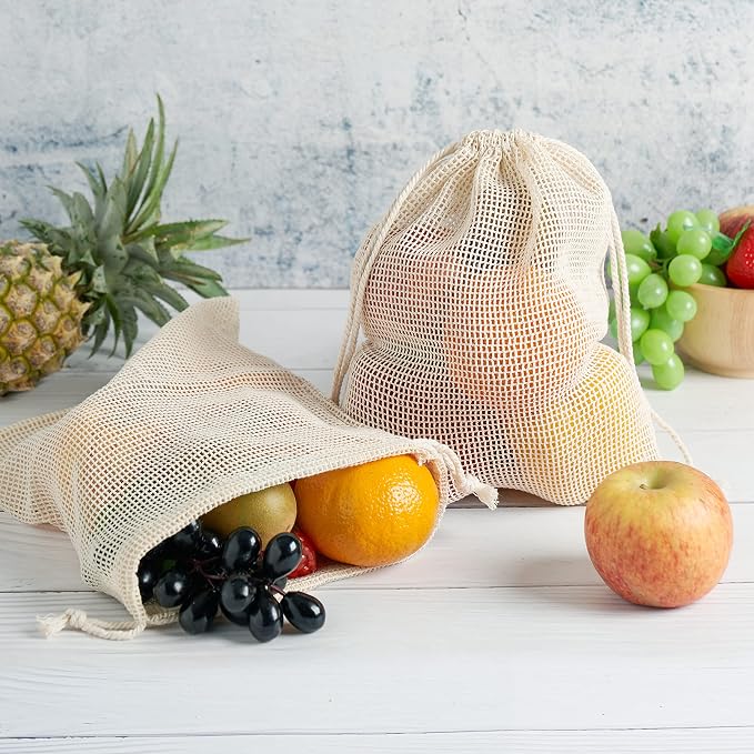 PALTERWEAR 100 Percent Natural Cotton Double Drawstring Mesh Bag For Herbs, Nuts, Fruit, Vegetables (8 x 10 Inch - Set of 5)