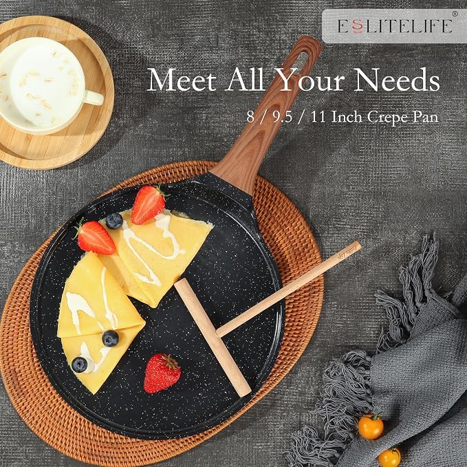 ESLITE LIFE 11 Inch Crepe Pan with Spreader, Nonstick Granite Coating Dosa Pan, Roti Tawa Comal Para Tortillas Pancake Griddle Pan, Induction Compatible, PTFE & PFOA Free, Black