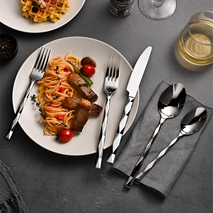 40 Piece 18/10 Silverware Set, Stainless Steel Flatware Cutlery set for 8 | KINGSTONE Luxury Silverware with Diamond Cut Pattern, Mirror Polished Utensils for Kitchen, Wedding, Party, Dishwasher Safe