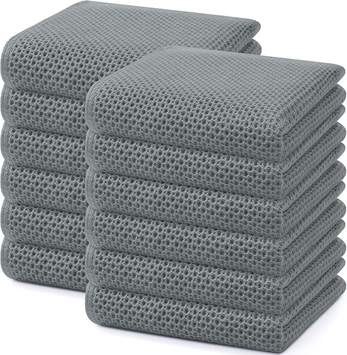 Homaxy 100% Cotton Waffle Weave Kitchen Dish Towels 12-Pack, Grey | 13 x 28 Inches, Ultra Soft Absorbent Dish Towels, Quick Drying Cleaning Towels