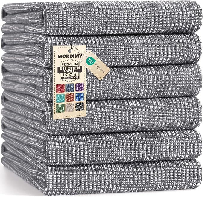 Mordimy Premium Large Cotton Kitchen Towels (18"x 28", 6 Pack), Grey | 100% Ring Spun Cotton, Super Absorbent, 380 GSM, Flat & Terry, Soft, Hanging Loop Dish Towels