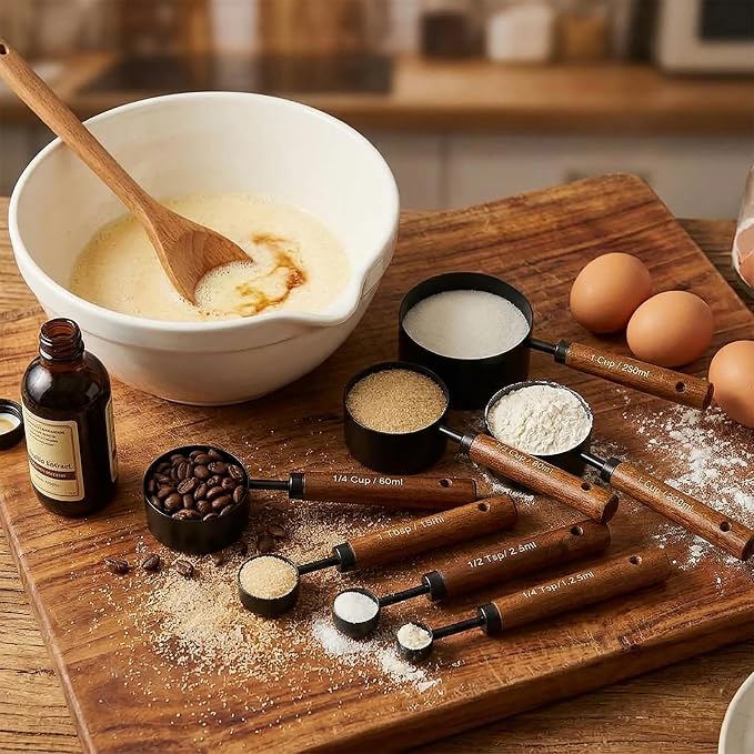 Measuring Cups and Spoons Set, 8PCS Stainless Steel Metal Measuring Cups, Walnut Wood Handle, Black Plated, For Dry and Liquid Ingredients