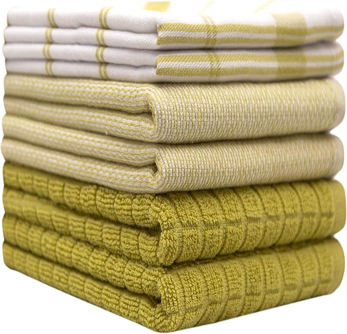 Premium Kitchen Towels 6 Pack 100% Cotton, 20"x28" Dish Towels Lime Check | Large Flat & Terry Kitchen Linen Set with Hanging Loops, Highly Absorbent for Washing and Drying Dishes