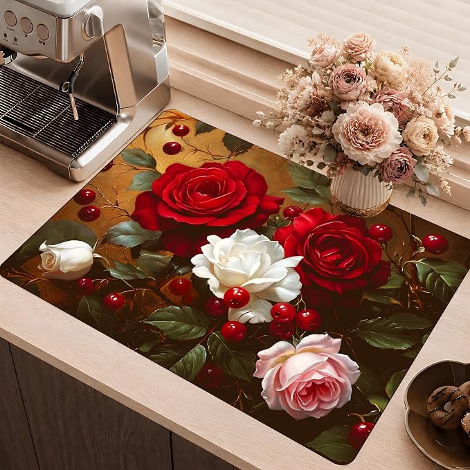 Floral Stove Cover 28.3 x 20.5 Inches Rose Stove Top Protector Heat Resistant Non Slip Glass Electric Stove Cover Board Farmhouse Flower Kitchen Decor Mat (Red flower)