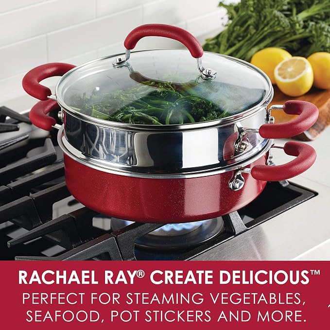 Rachael Ray Create Delicious Aluminum Nonstick Steam Set, 3-Quart, Red Shimmer