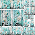 13 Pcs Farmhouse Teal Daisy Kitchen Decor Set 3 Turquoise Kitchen Curtains Valance 2 Rugs and Mats 4 Hand Towels 2 Pot Holders 2 Oven Mitts for Home Decor Cooking Grilling Housewarming Gift