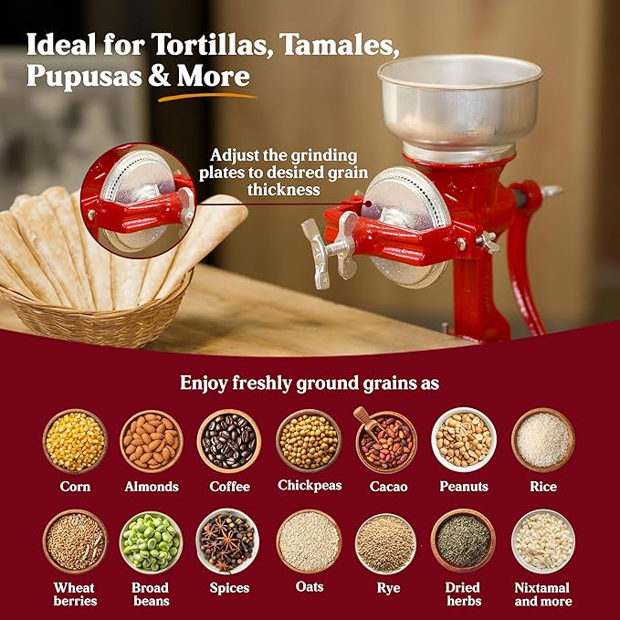 Estrella Cast Iron Manual Corn Grinder, Hand Grain Mill, Molino de Maiz Manual, Red Molino for Corn, Nixtamal, Masa, Coffee & Spices