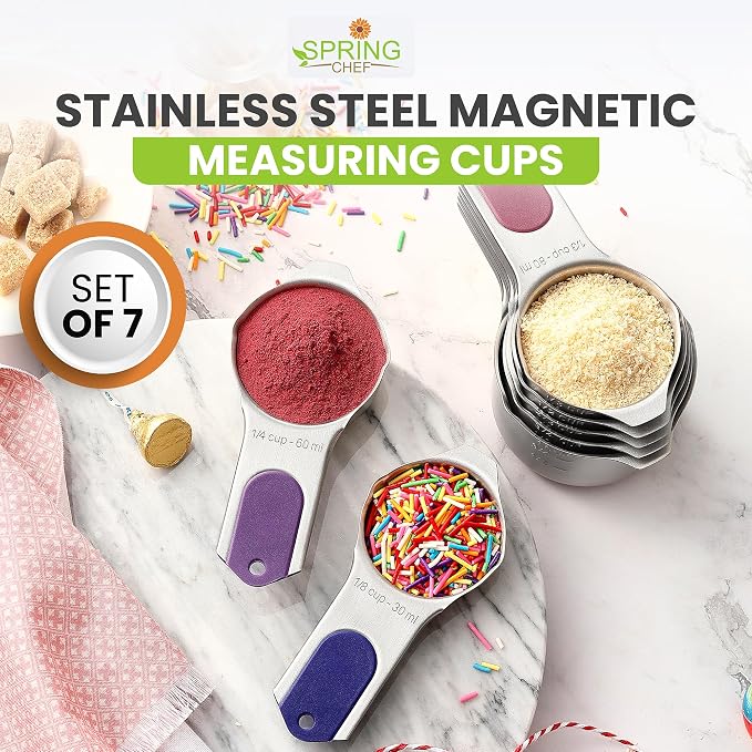 Spring Chef 7 Magnetic Stainless Steel Measuring Cups Set, Mountain Sunrise | Patented Metal Measuring Cups for Measuring Dry or Liquid Ingredients, Easy to Read Markings, Dishwasher Safe Magnetic Cups