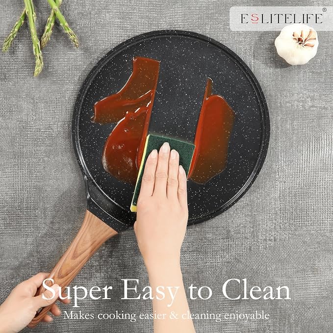ESLITE LIFE 11 Inch Crepe Pan with Spreader, Nonstick Granite Coating Dosa Pan, Roti Tawa Comal Para Tortillas Pancake Griddle Pan, Induction Compatible, PTFE & PFOA Free, Black