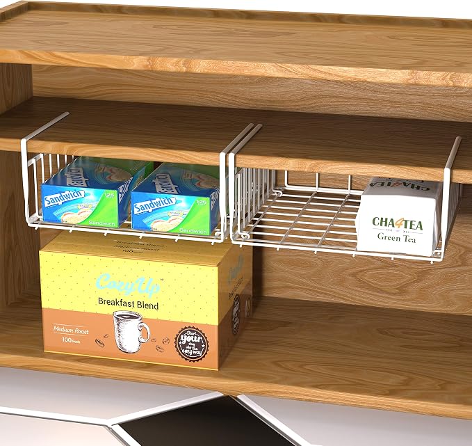 Simple Houseware 2-Pack Under Shelf Wire Metal Basket Shelf, White | Space-Saving Storage Organizer for Kitchen, Pantry, Closet, Office, No Tools Required