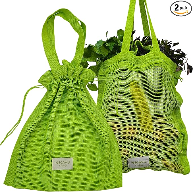 100% Cotton Set Of 2 Mesh Grocery Bag | Eco-Friendly Cotton Market Bags For Vegetable Shopping | Multi-Purpose Portable Cotton Market Bags with Reinforced Edges (Kiwi Green) (Kiwi Green)